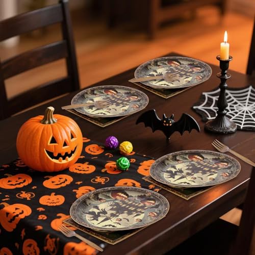 Gold Halloween Party Supplies Set for 25 Guests - Disposable Plates Forks Napkins