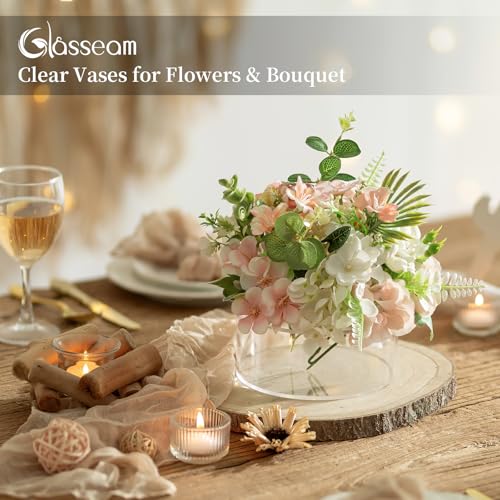 Glasseam Acrylic Flower Vase Set of 6 - Clear Round Centerpieces with 13 Holes, 5.9in