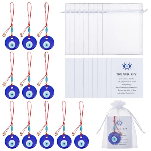 12Pcs Blue Evil Eye Glass Pendants for Jewelry & Car Decor - Good Luck Amulet