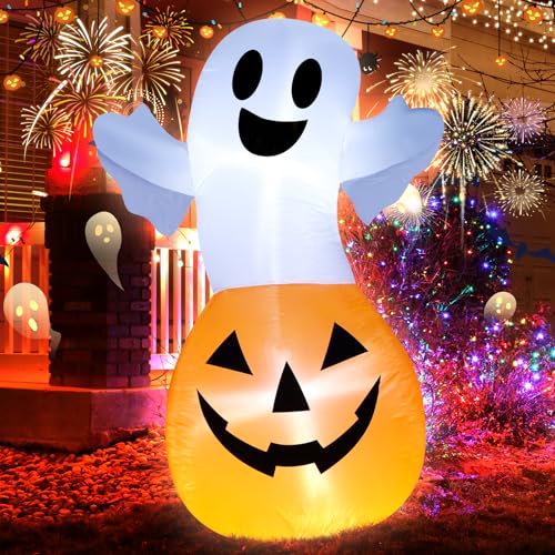 4FT White Ghost Pumpkin Inflatable Halloween Decoration with LED Lights - Trick or Treat