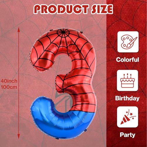 40 Inch Spider Theme Number 3 Balloon - Red & Blue Web Foil Party Decoration