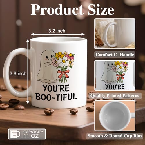 Funny Boo-tiful Ghost Halloween Ceramic Coffee Mug for Women - Beige & Multi