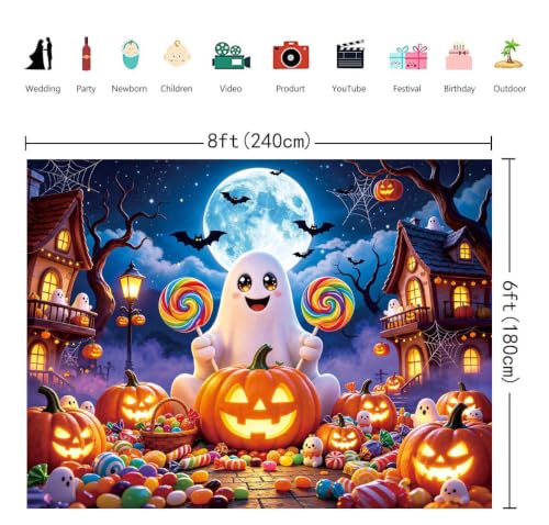 Halloween Backdrop Cute Ghost Pumpkin Candy Theme - 8x6FT - Kid Party Decor