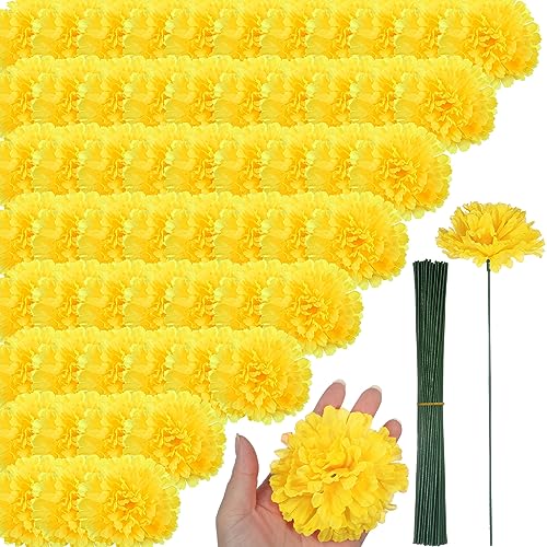 Artificial Marigold Flowers with Stems - 100 Pack Yellow DIY Festive Decorations