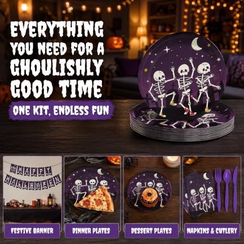 Halloween Disposable Tableware Set for Parties - Plates Napkins Cutlery Banner, Serves 10