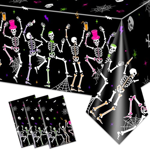 Halloween Dancing Skeleton Tablecloth Set - 3 Pack, Waterproof Plastic, 274x137 cm
