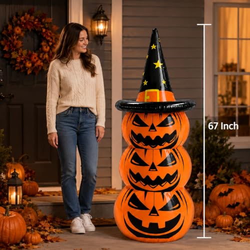 Inflatable Halloween Pumpkin Decoration - 67 Inch Jack O Lantern Yard Display with Witch Hat