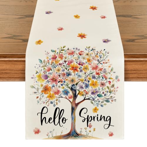 13x48 Inch Table Runner - Bloom Flower Tree Seasonal Summer Kitchen Decor Beige
