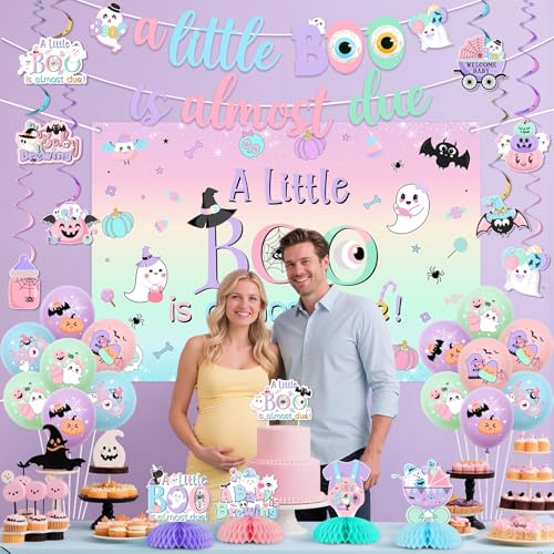 Pastel Halloween Baby Shower Decorations with Banner, Cake Topper & Balloons - A Little Boo Is Almost Due - Variation of Pastel Baby Shower