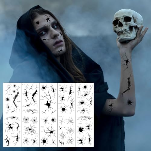Halloween Face Tattoo Stickers Black Horror Crack Marks Waterproof Body Art 10 Sheets