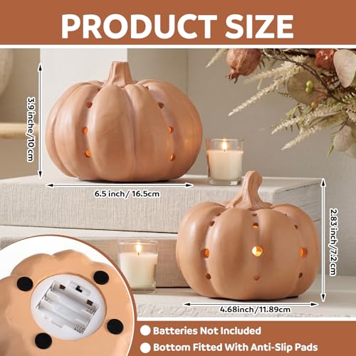 Set of 2 LED Terracotta Pumpkin Lanterns for Fall & Halloween Decor