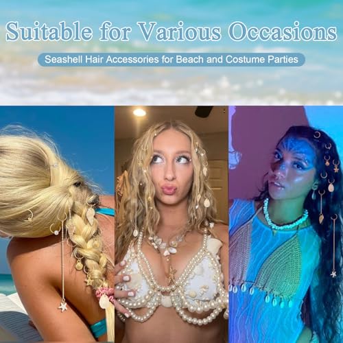 Gold Seashell Conch Starfish Hair Charm Ring Set for Braiding & Dreadlocks - Long Variation