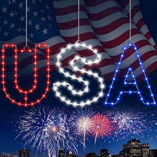 4th of July USA Letter Window Light - Red White Blue LED Hanging Lamps with Suction 3pcs - E - Patriot Decor