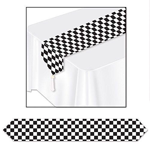 Checkered Racing Table Runner - Black & White Glossy Paper Party Decor 11" x 6'