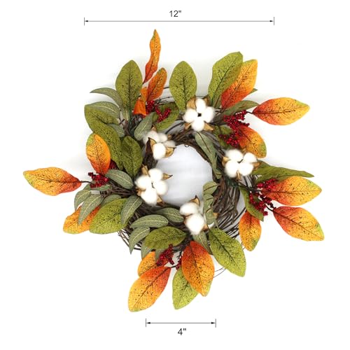 Artificial Fall Leaves Wreath with Cotton Pods and Berries - 12-Inch Autumn Decor, Variation of Cotton Pod Pip Berries/Fall Leaves/12"