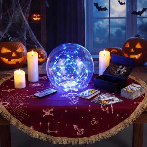 Halloween Globe Decoration Set with LED Candles and Tarot Cards - 14 Inch Clear Acrylic Globe with Blue String Lights