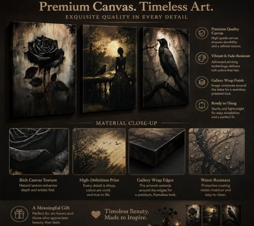 Crow Woman Gothic Canvas Wall Art Dark Academic Decor 16x24in Framed - Variation of Crow Woman / Wrapped Canvas / 24"L x 16"W