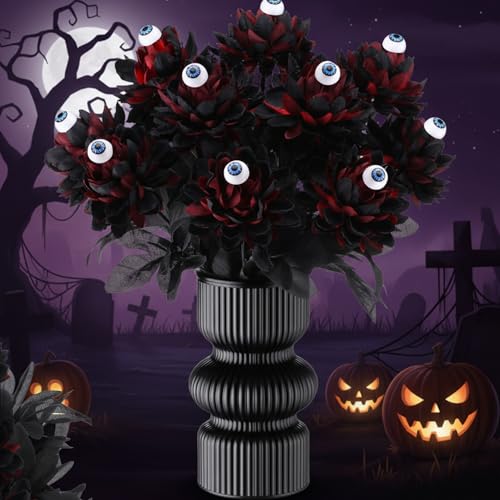 Halloween Black Artificial Flowers with Eyeball Decor - 16 Inch Set of 12