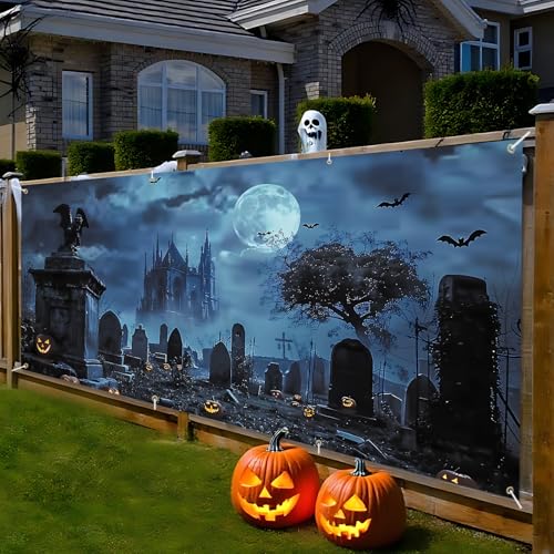 Halloween Garage Door Banner - Haunted Graveyard with Pumpkins, Bats & Full Moon - 6x13FT - Spooky Outdoor Decoration - Variation #3