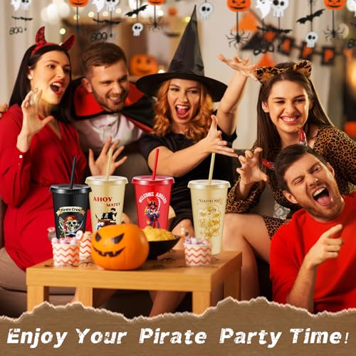 24 Pack Pirate Plastic Cups with Lids & Straws - 24 oz Reusable Party Tumblers - Pirate Themed Birthday & Party Favors - 6 Styles