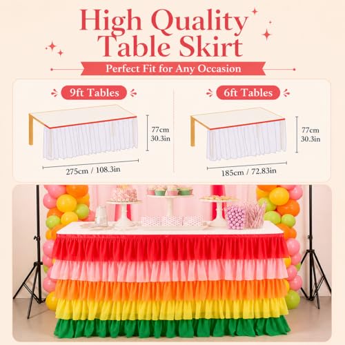 Pastel Rainbow Tulle Table Skirt 5-Layer Chiffon Ruffle 6FT 9FT for Rectangle & Round Tables