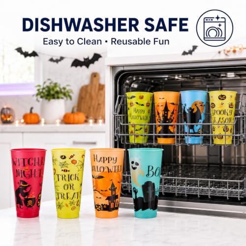 16 Pack Color Changing Halloween Plastic Cups with Lids & Straws - 24 oz Reusable Party Tumblers