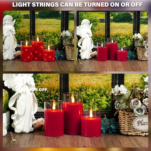 Nimiko Red Flameless Candles Set of 3 Glass Wax LED Candle with Flickering Flame