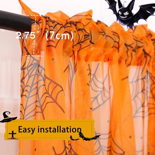 Halloween Sheer Curtains for Living Room - 52W x 63L Cobweb & Orange 2 Panel Set