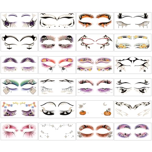 Glow in the Dark Halloween Luminous Eye Shadow Tattoos - 24 Pairs Spider Web Bat Design