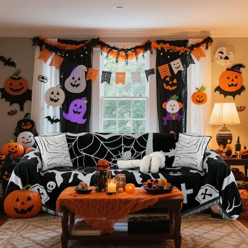 Halloween Sofa Cover with Tassels for 2-3 Cushion Couch - Reversible Chenille Pet & Home Decor - Black / Large (71x102)
