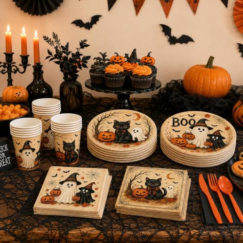 Halloween Party Supplies Set with Plates Cups Napkins Cutlery Ghost Black Cat Design