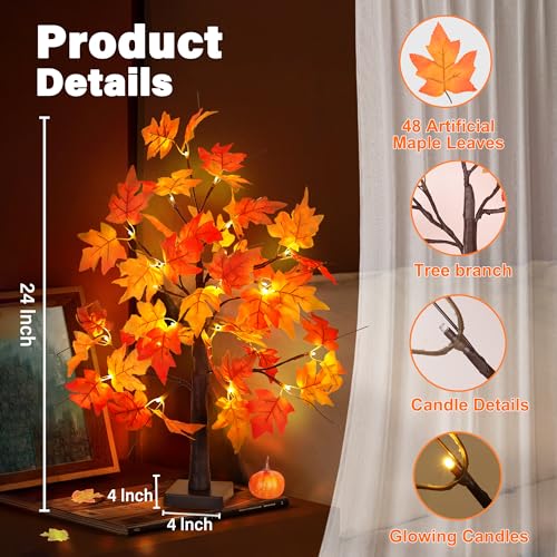 1 Pack 24-Inch Lighted Fall Maple Tree with LED Lights, Battery Operated Autumn Tabletop Decor – Thanksgiving & Indoor Fall Centerpiece