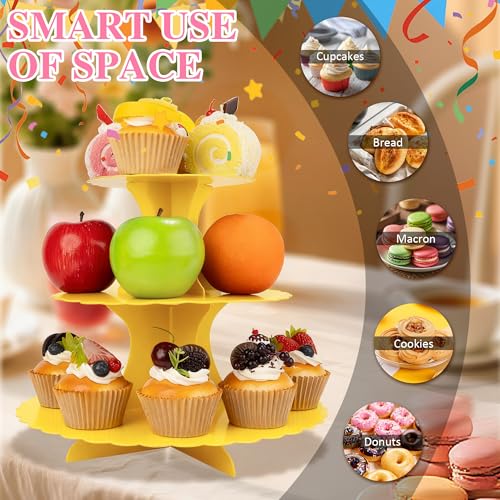 3-Tier Cupcake Stand 2 Pack Dessert Tower with Yellow Round Trays for Parties