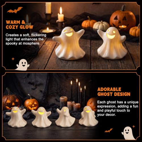 4 Pack Light Up Ceramic Ghost Halloween Decorations - Festive & Modern Decor
