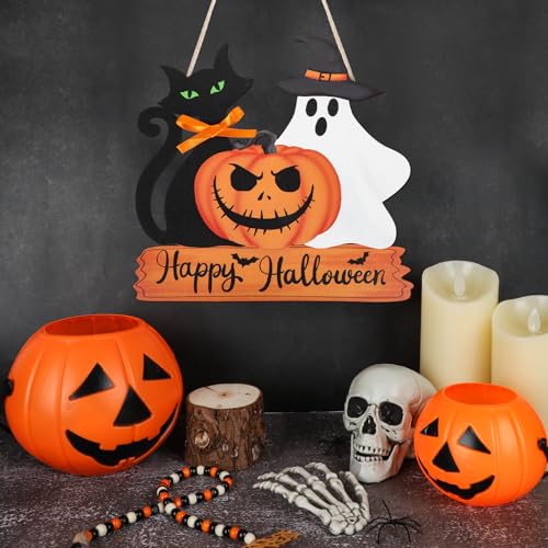 Halloween Door Decorations Ghost Pumpkin Black Cat Wooden Hanging Sign - Classic