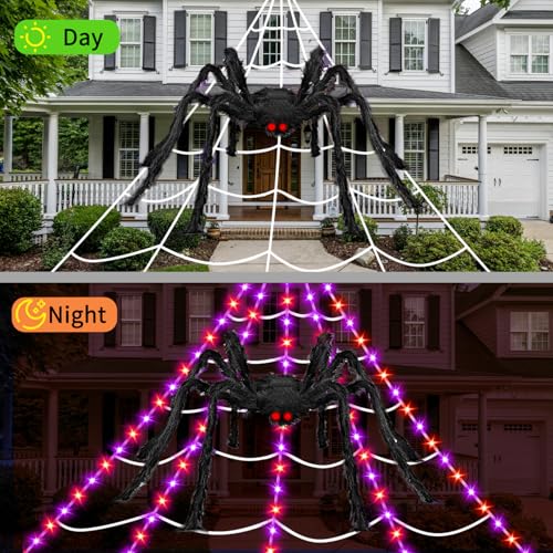 Halloween Outdoor Spider Web Lights with 350 LEDs & Giant Spider - Purple & Orange, 23Ft Web with 6.6Ft Spider, Waterproof & Timer