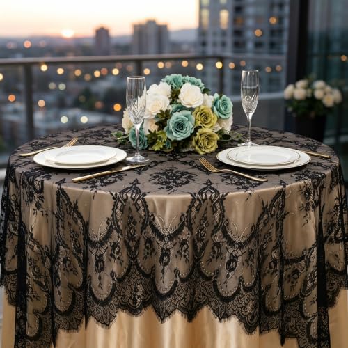 Black Lace Tablecloth 60x120 Inches Rectangular Wrinkle-Free Floral Overlay - Variation 005-Black