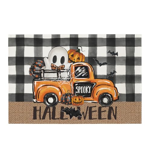 Ghost Truck Halloween Placemats - 24x36 Inch Rectangular Table Mats for Kitchen & Dining, Black & Beige