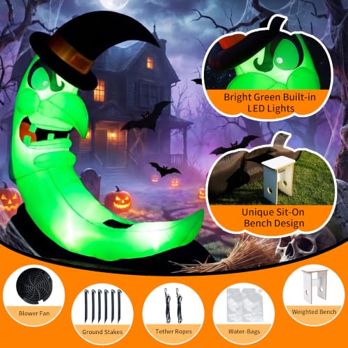 Green 8.9FT Halloween Inflatable Witch Moon Yard Decor with LED Lights & Accessories