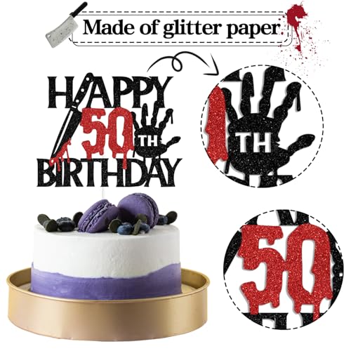 Black Glitter Killer Happy 50th Birthday Cake Topper - Halloween Horror Theme - Variation 50