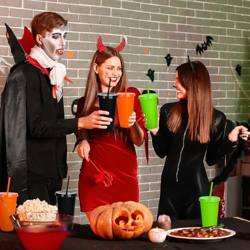 Halloween Plastic Cups Set with Lids and Straws - 24 Oz Reusable Drinkware - Black, Orange, Green - 12 Pack