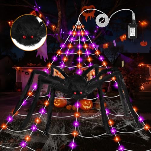Halloween Spider Web Lights Decoration - 250 LED 16.4Ft Outdoor Web with 8 Modes & 5Ft Giant Spider - Stretch Cobweb for Yard Garden Haunted House - Lighting Spider Web