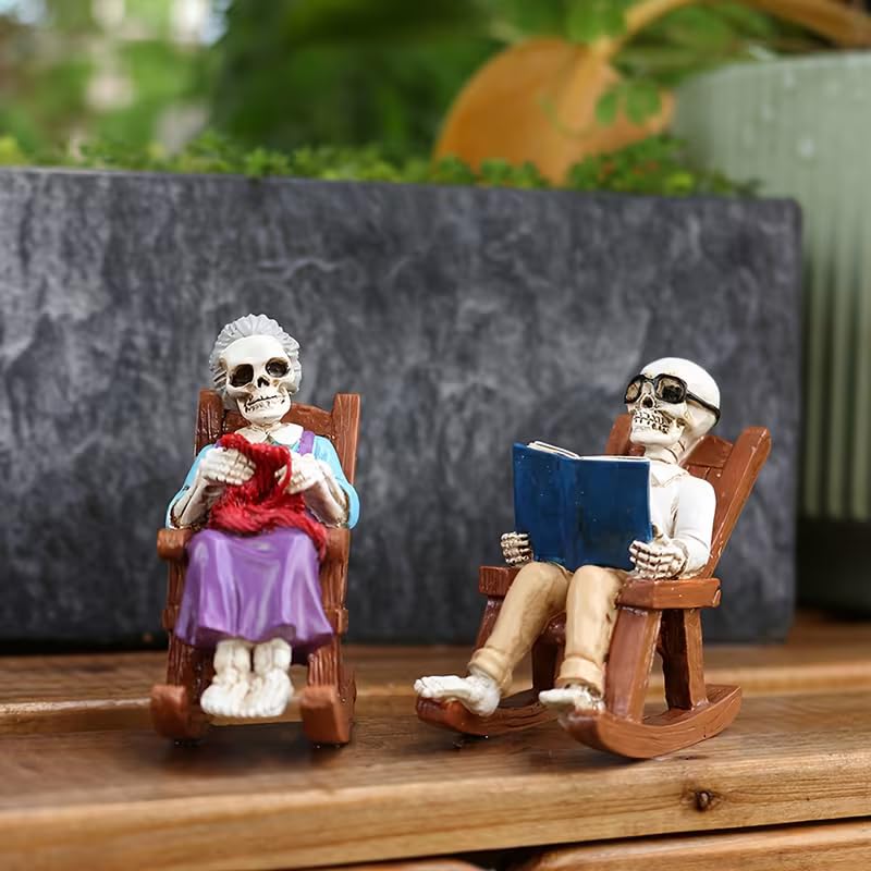 Set of 2 Gothic Skeleton Rocking Chair Tabletop Decorations for Halloween & Home