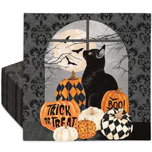 Halloween Paper Napkins 50 Pack Black Cat Pumpkin Disposable Dinner Hand Napkins - 6.5x6.5 Inch
