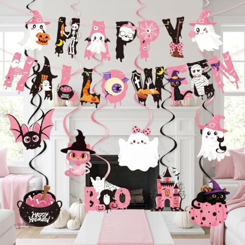 Pink Halloween Ghost Decorations Set – Hanging Swirls & Banners for Girls Parties