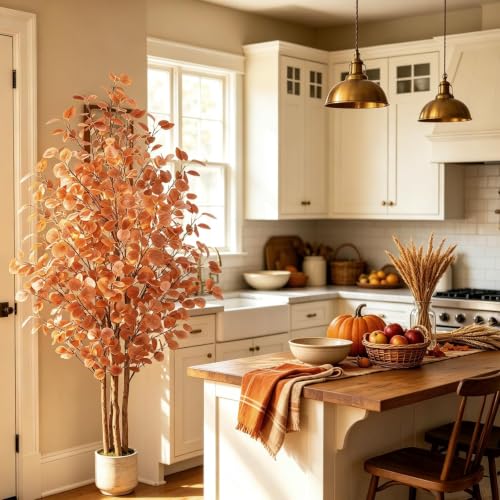 Artificial Eucalyptus Tree 6ft Fall Tree with Brown Trunks and Lifelike Leaves - Floriv