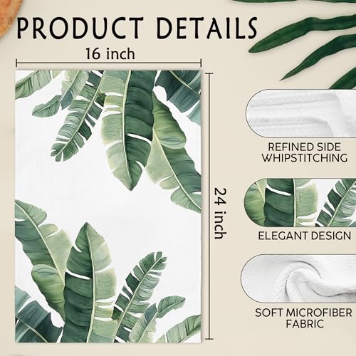 Sage Green Leaf Kitchen & Bathroom Hand Towels Set - Modern Herbs Leaves, 16x24 Inches - Leaf Variation