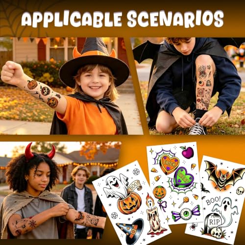 Halloween Temporary Tattoos Set for Kids & Adults - Vintage Retro Designs, 36 Sheets