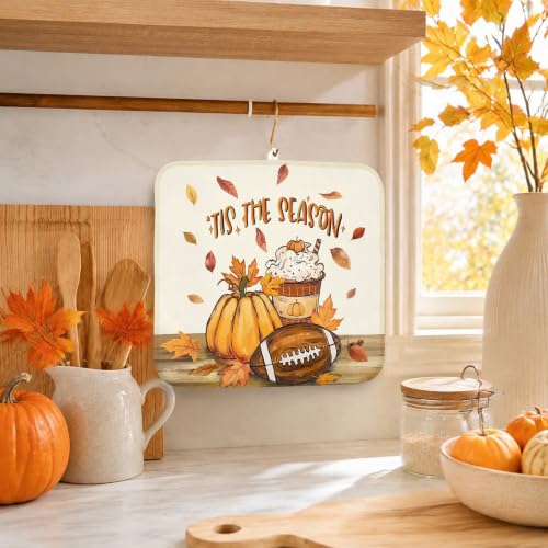 Fall Football Dish Drying Mat - 18x16 Inch Autumn Kitchen Counter Decor