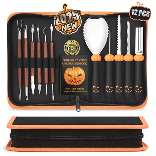 Pumpkin Carving Kit for Adults & Kids with Stainless Steel Tools & Carrying Case